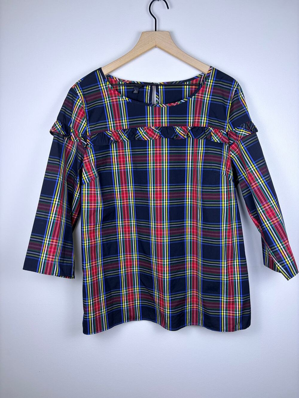 NWT Talbots XL Plaid Ruffle Blouse Navy Red Green 3/4 Sleeve Holiday Top